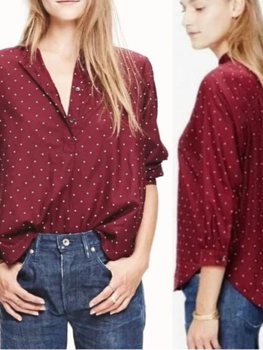 Madewell 1937 Burgundy Polka Dot Shirred Henley Band Collar 100% Cotton Peasant